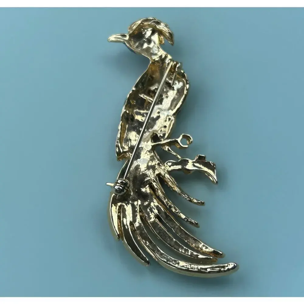 Vintage Multi-Colored Enamel Peacock Brooch Gold-Tone Rhinestone Bird Pin
